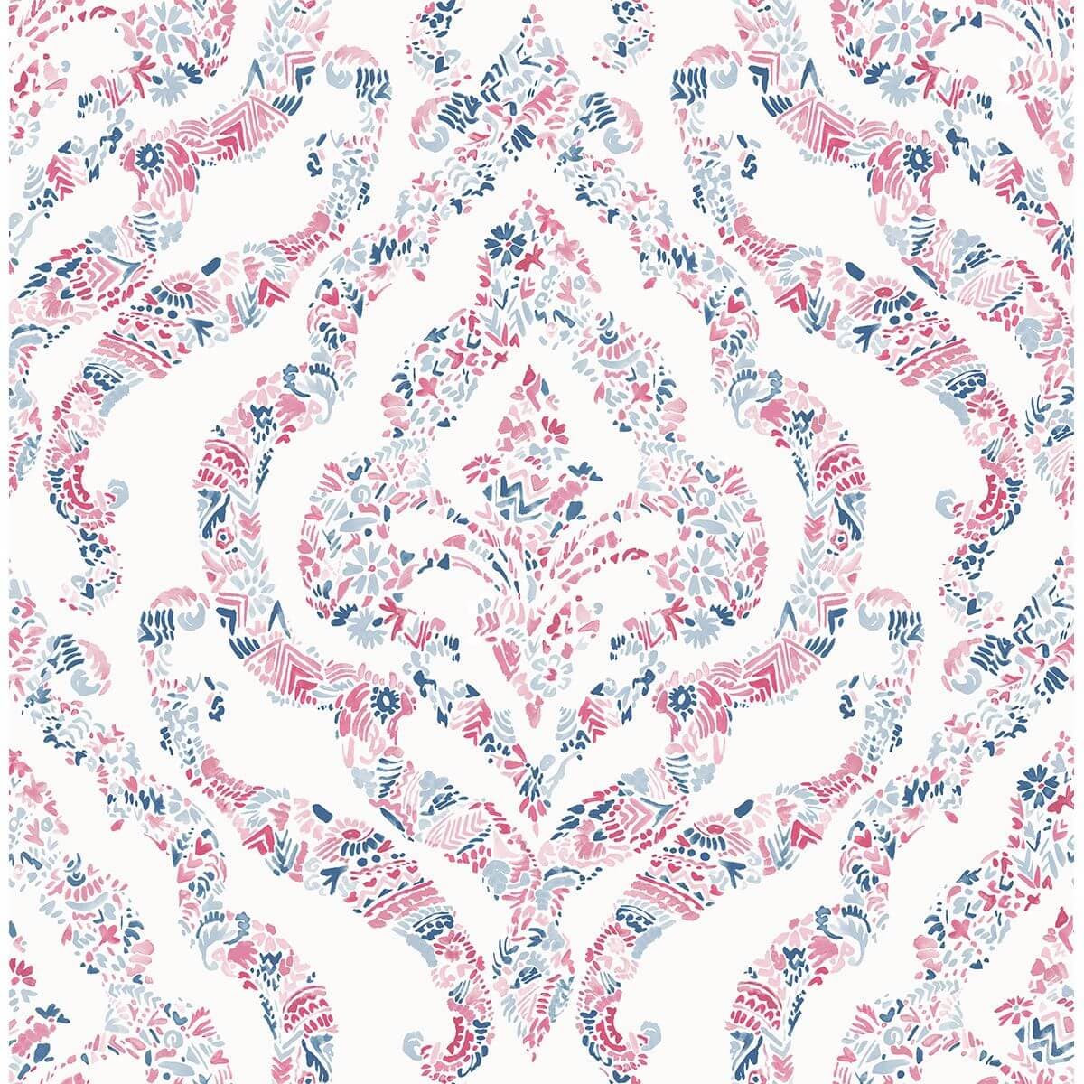 Featherton Coral Floral Damask Wallpaper