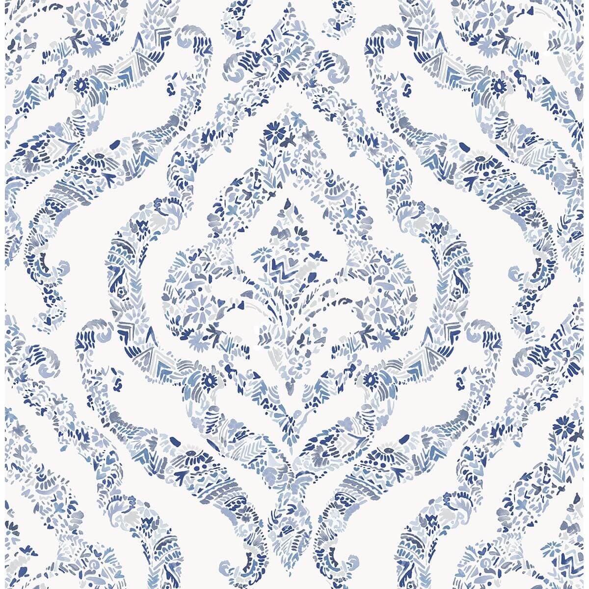 Featherton Blue Floral Damask Wallpaper