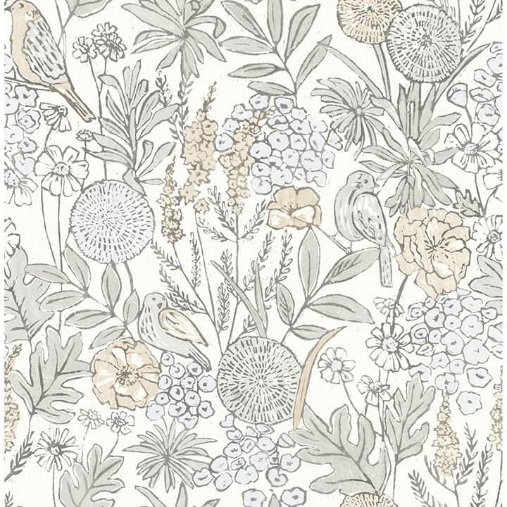Goldfinch Neutral Birds and Blooms Wallpaper