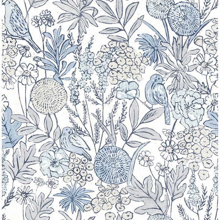 Goldfinch Blue Birds and Blooms Wallpaper