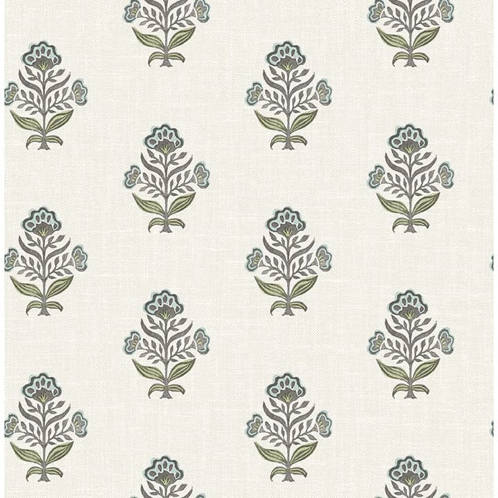 Hollyhock Aqua Floral Crest Wallpaper