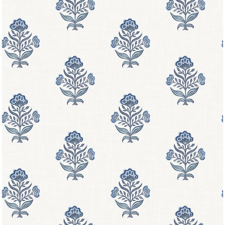 Hollyhock Blue Floral Crest Wallpaper