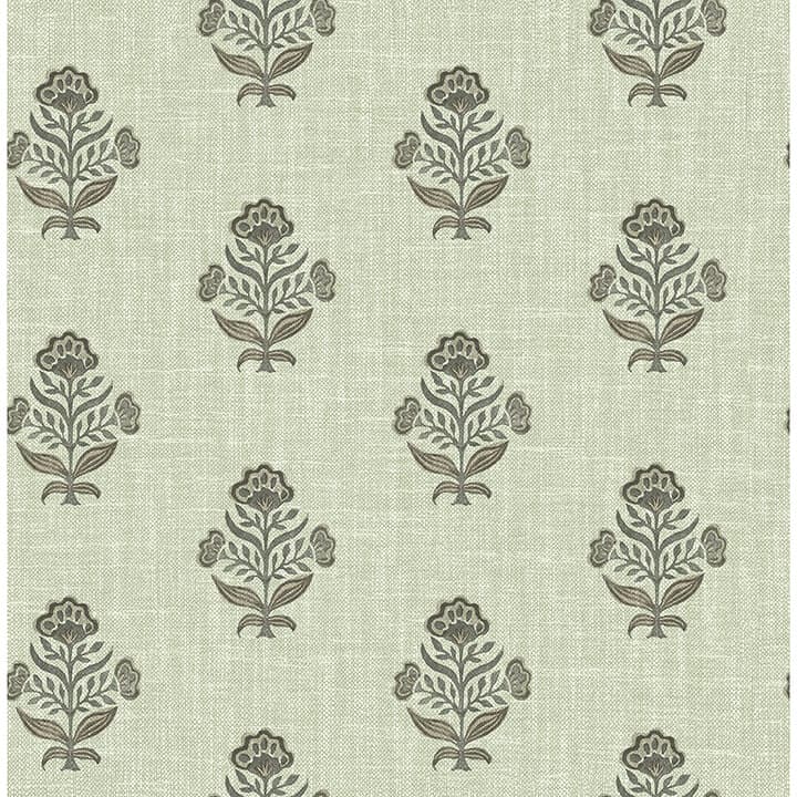 Hollyhock Green Floral Crest Wallpaper
