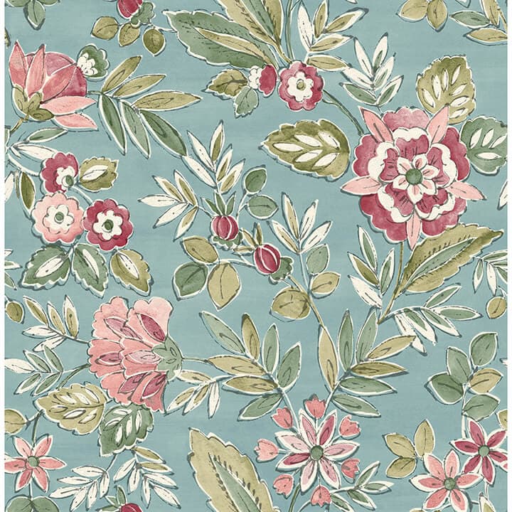 Begonia Teal Floral Trail Wallpaper