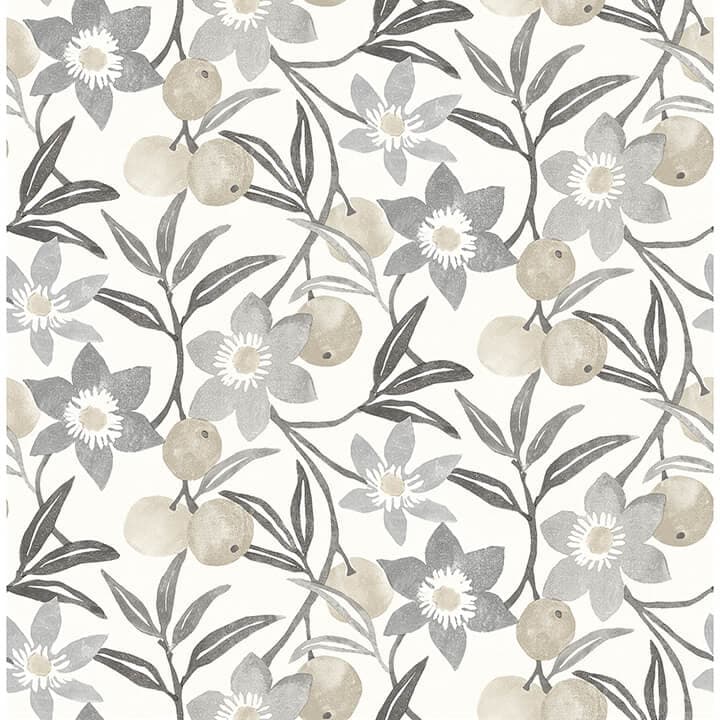 Passiflora Charcoal Fruit and Floral Wallpaper