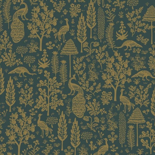 Menagerie Toile Wallpaper- Emerald & Metallic Gold