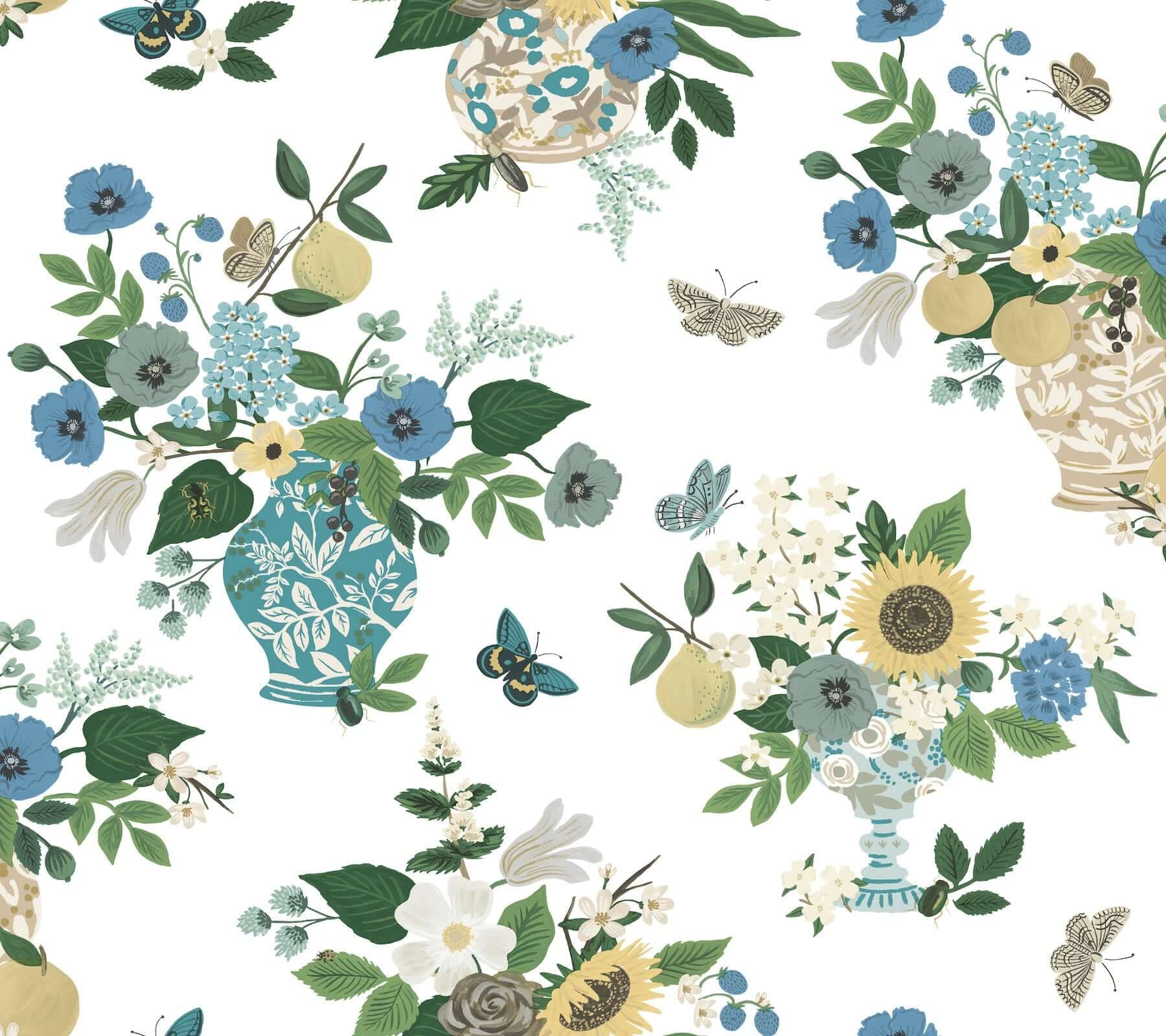 Flower Studies Wallpaper- Blue Multi