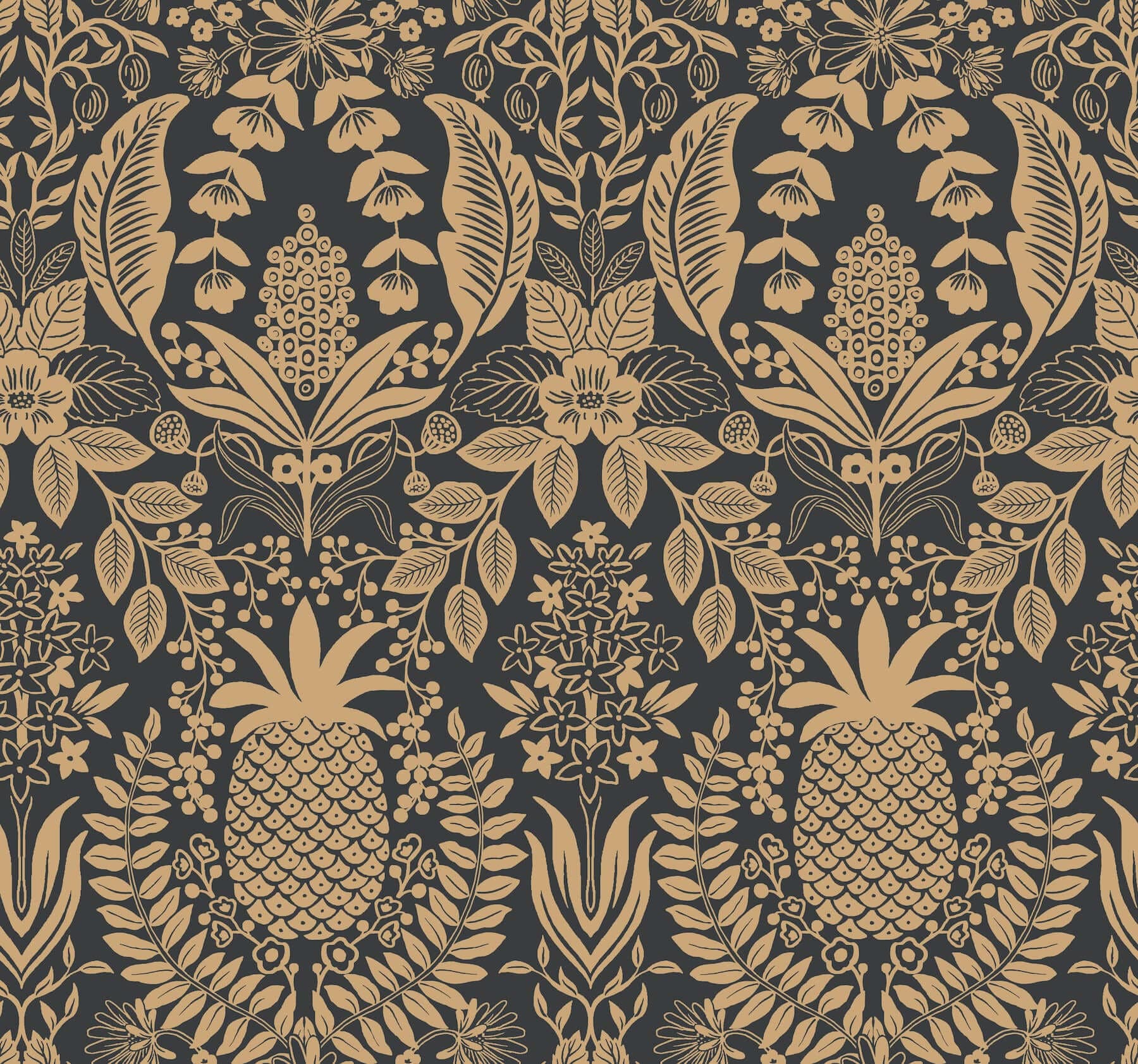 Pineapple Damask Wallpaper- Black & Gold