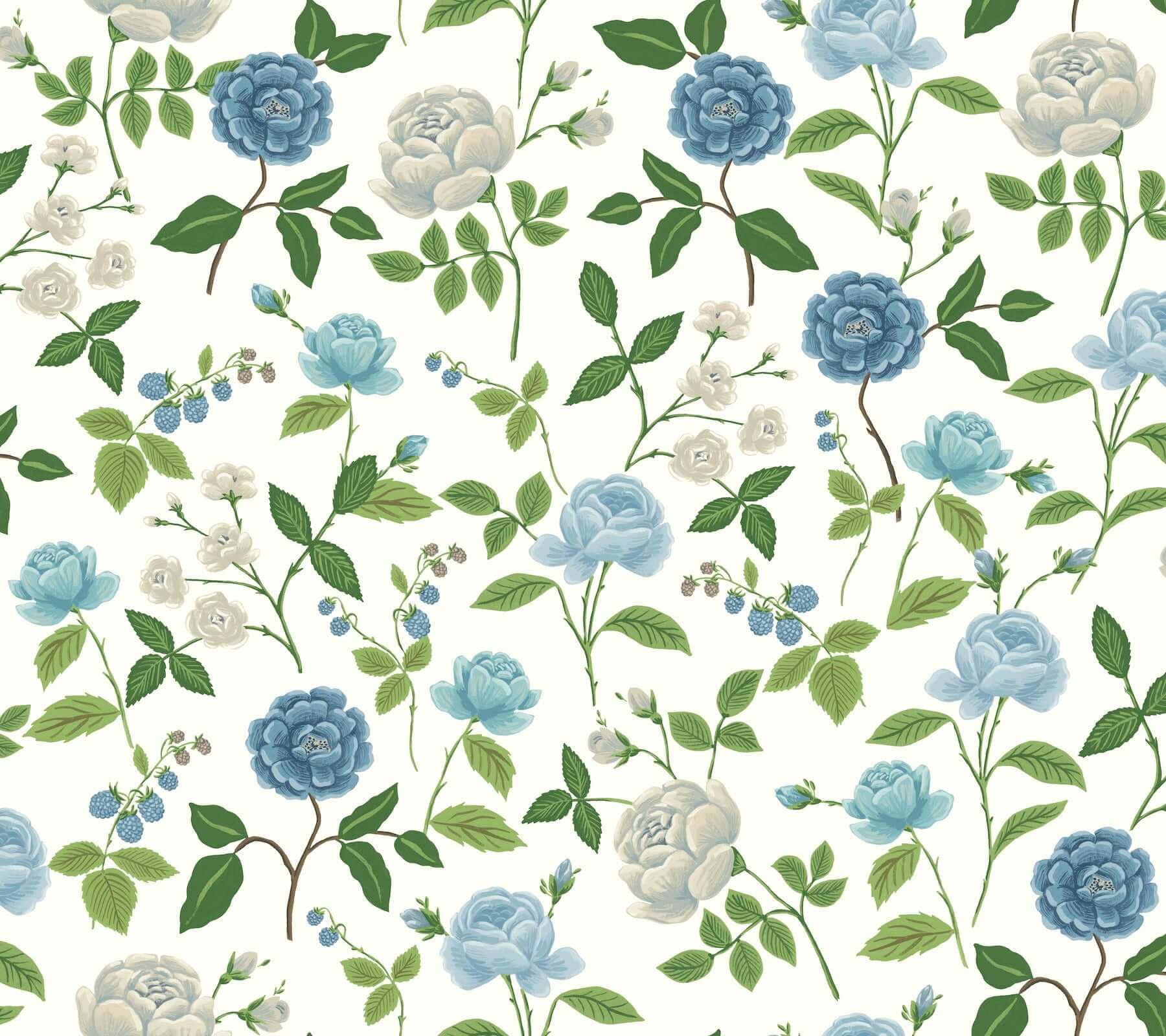 Roses Wallpaper- White & Blue