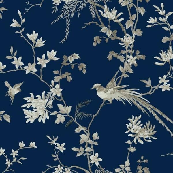 Bird And Blossom Chinoserie Wallpaper- Blue