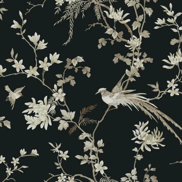 Bird And Blossom Chinoserie Wallpaper- Black