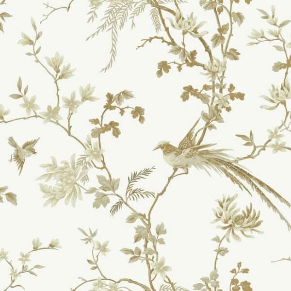Bird And Blossom Chinoserie Wallpaper- White/Gold