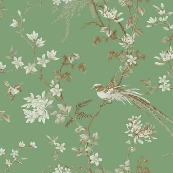 Bird And Blossom Chinoserie Wallpaper- Green