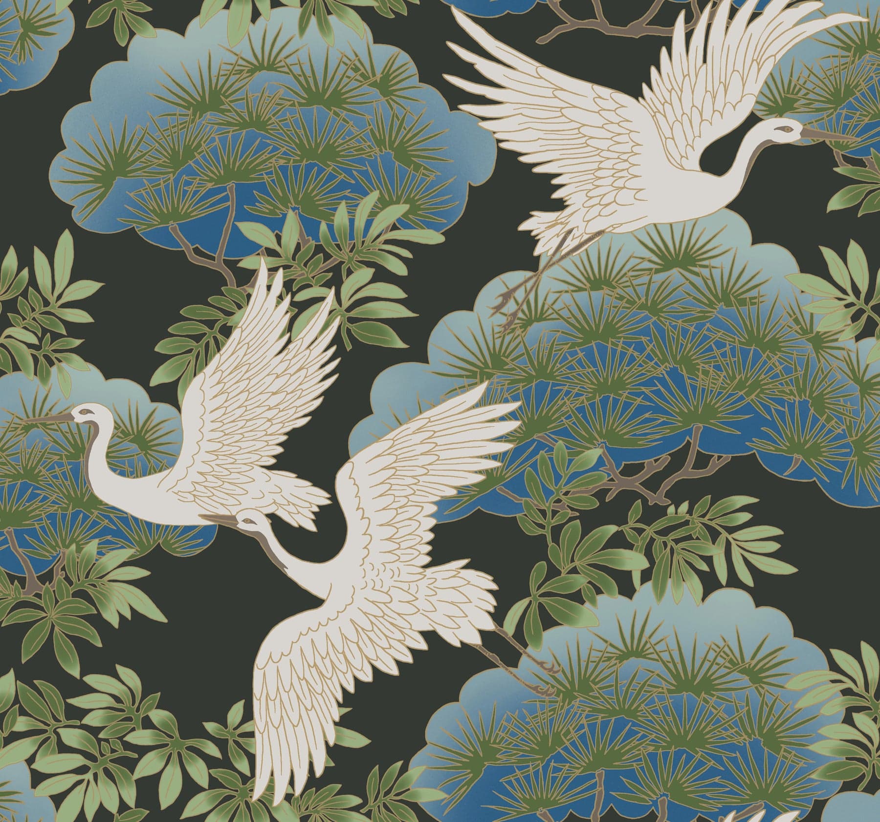 Ronald Redding Sprig & Heron Black Wallpaper
