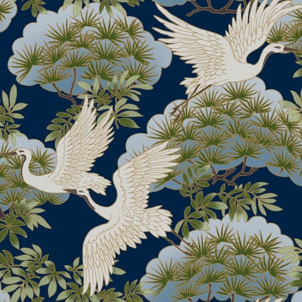 Sprig and Heron Wallpaper- Navy