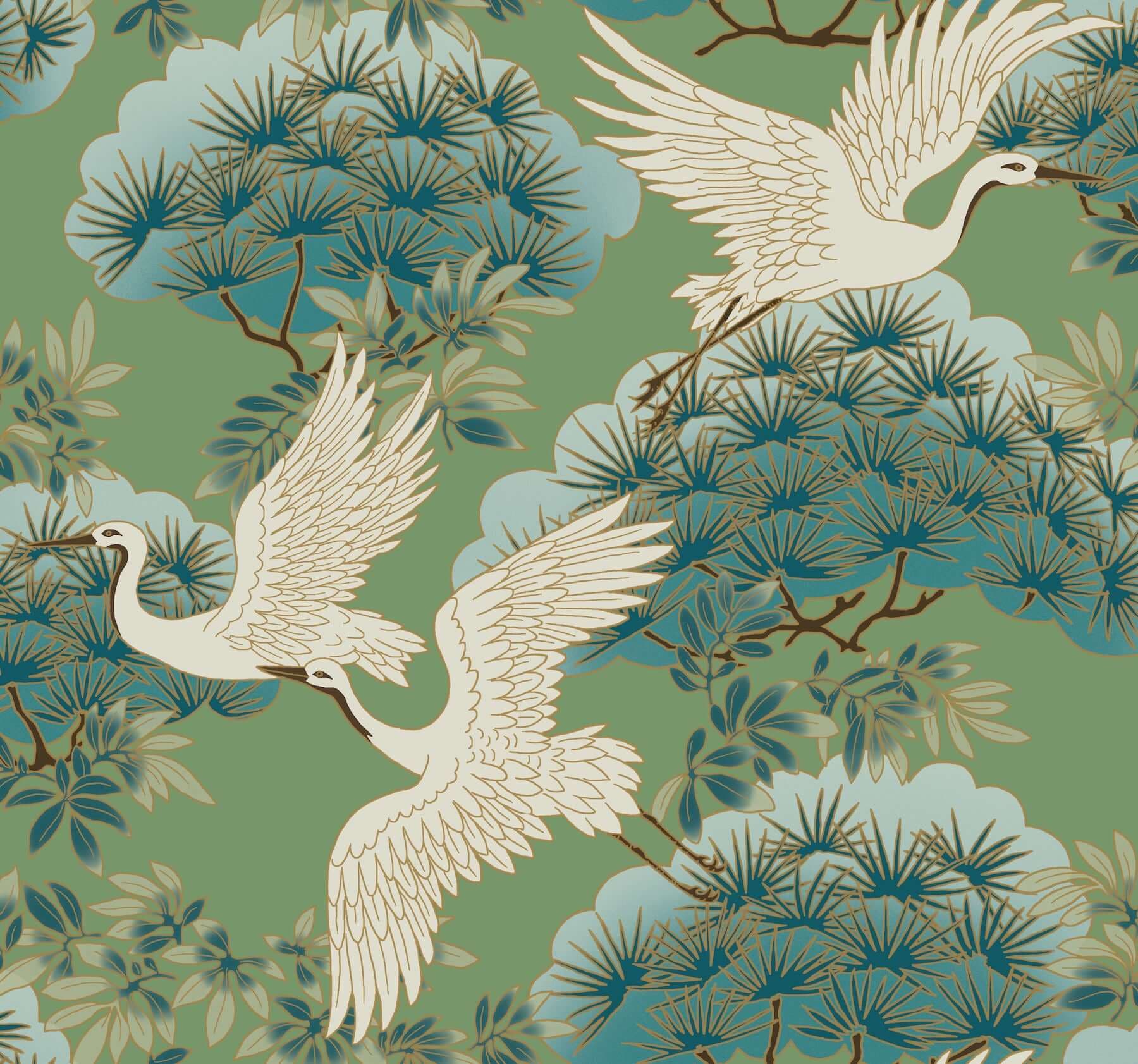 Sprig and Heron Wallpaper- Green
