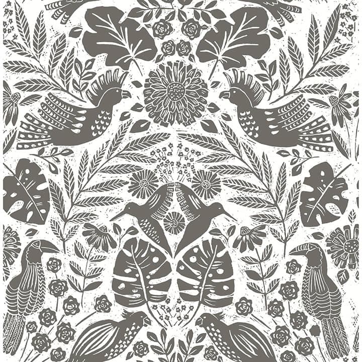 Nestle Charcoal Bird Block Print Wallpaper