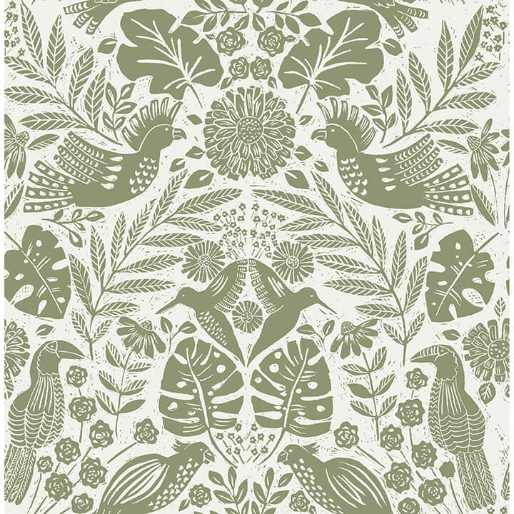 Nestle Green Bird Block Print Wallpaper