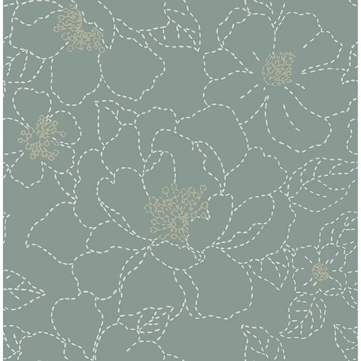 Gardena Sea Green Embroidered Floral Wallpaper