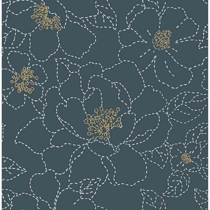 Gardena Indigo Embroidered Floral Wallpaper