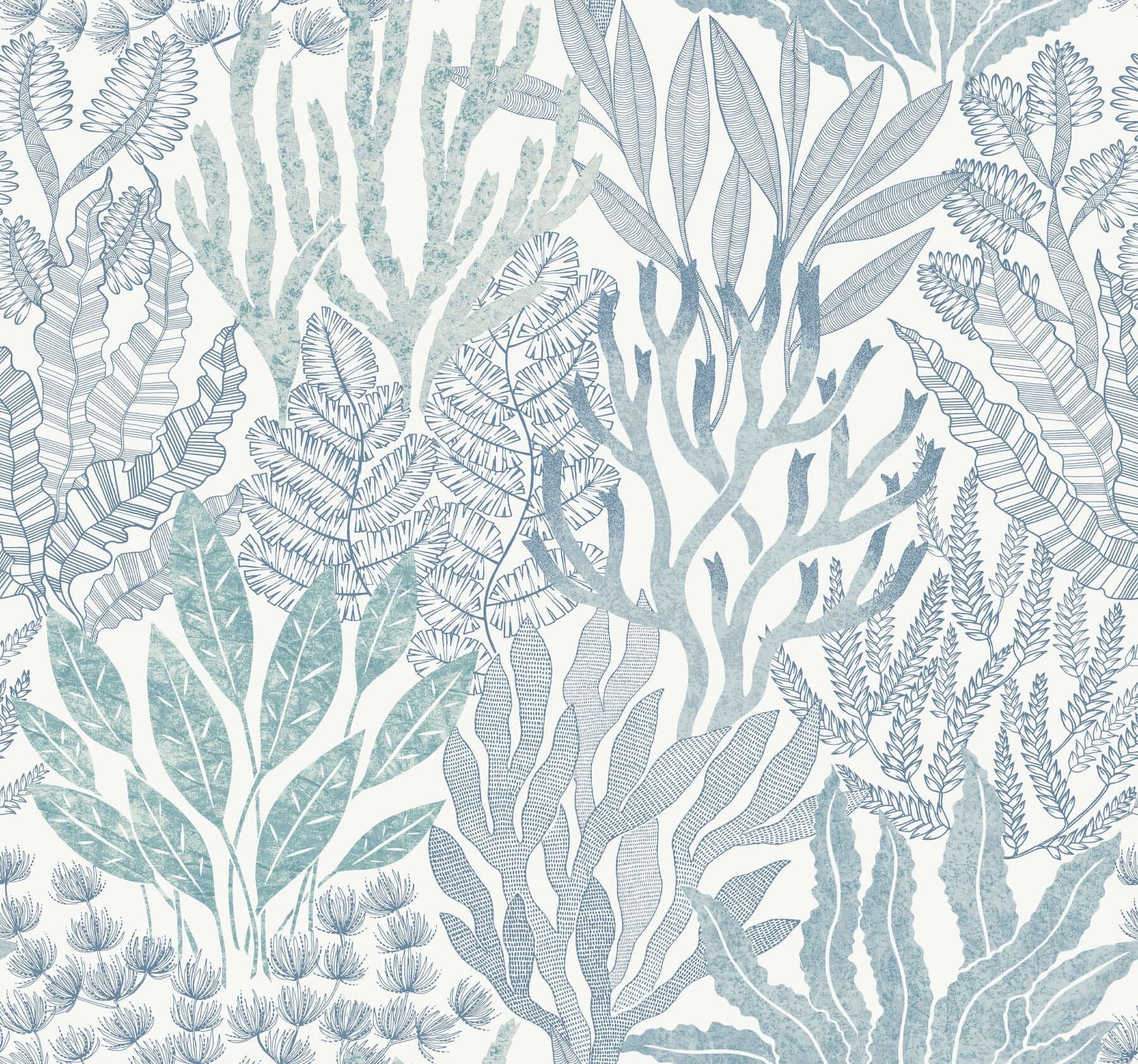 Coral Leaves Wallpaper- Blue/Aqua