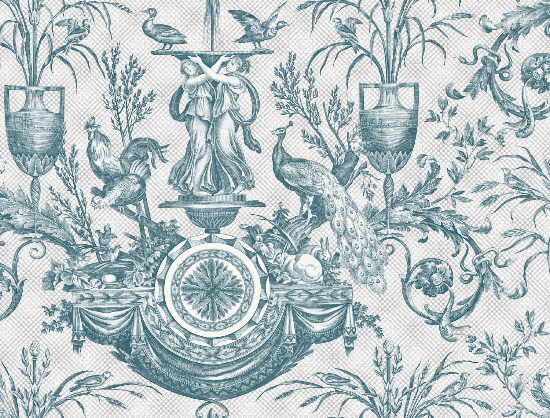 Avian Fountain Toile Wallpaper- Jade