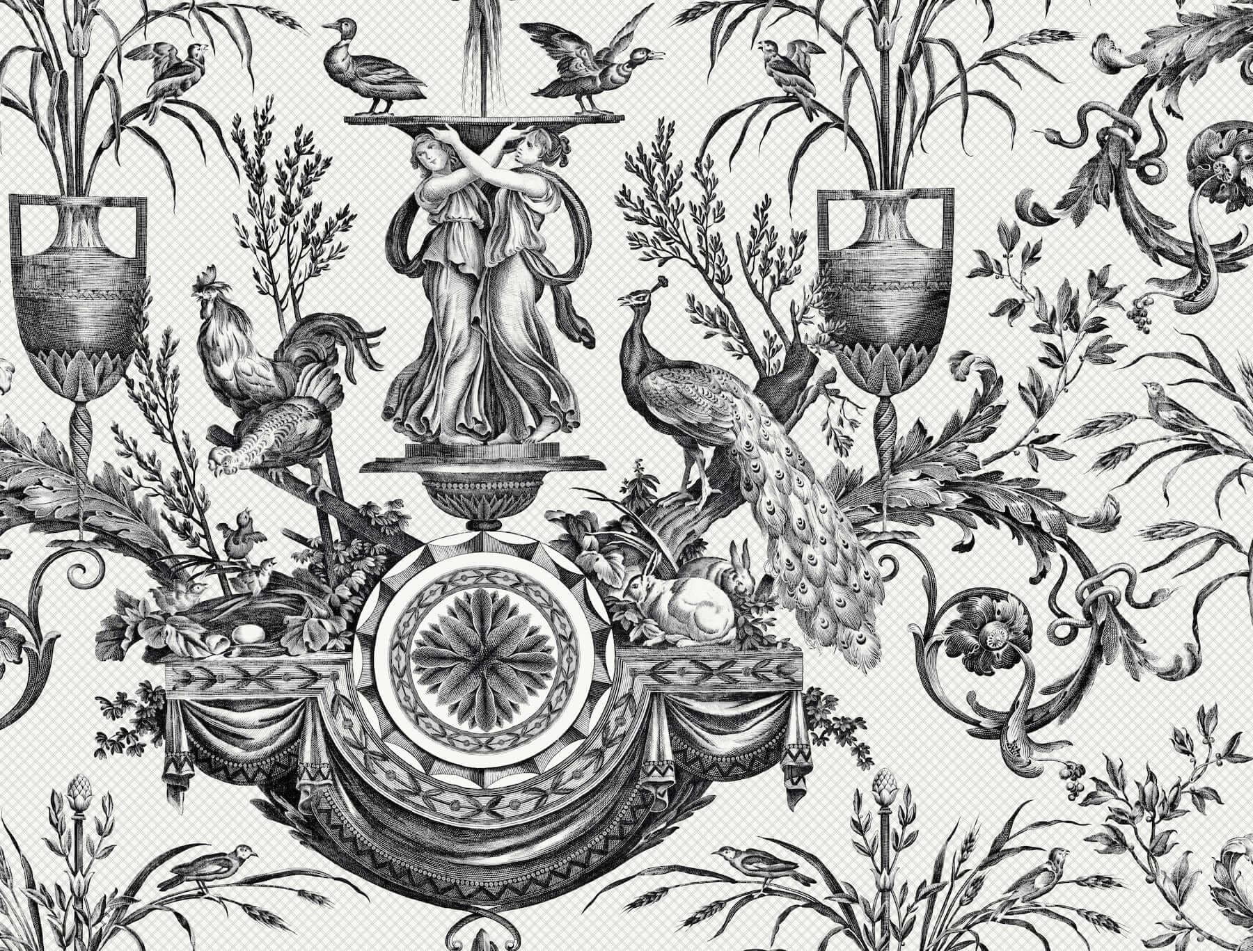 Avian Fountain Toile Wallpaper- Black