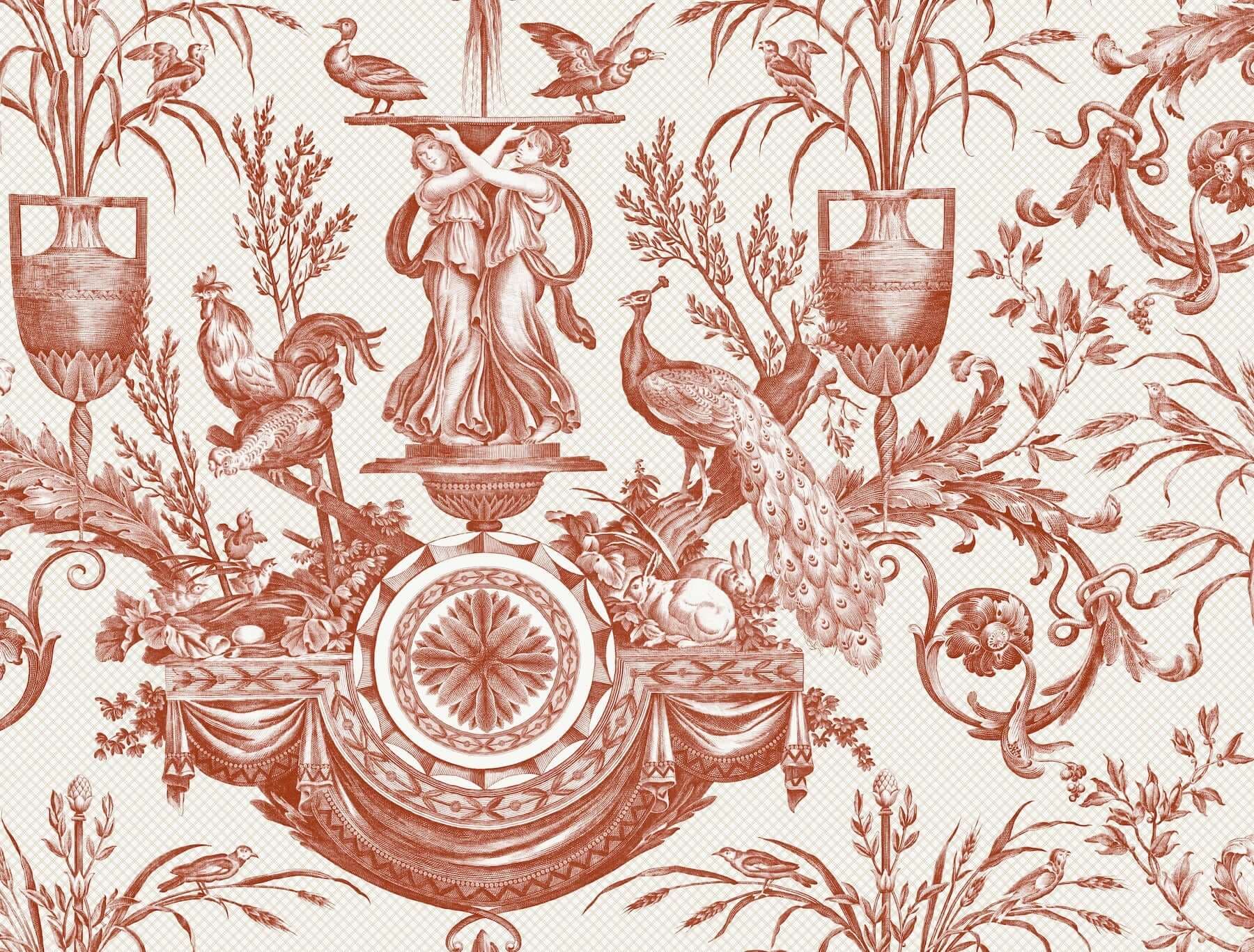 Avian Fountain Toile Wallpaper- Brick