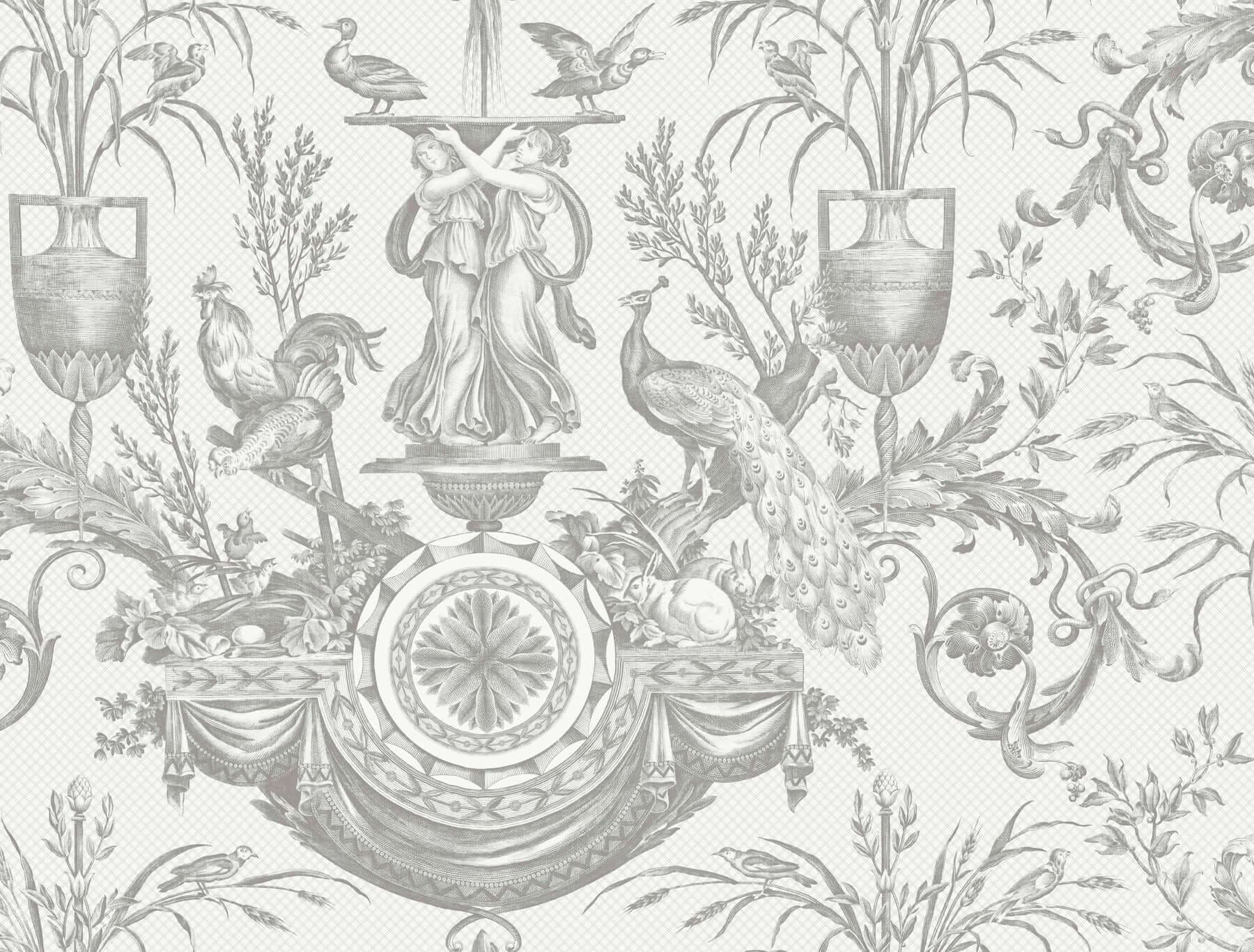 Avian Fountain Toile Wallpaper- Grey
