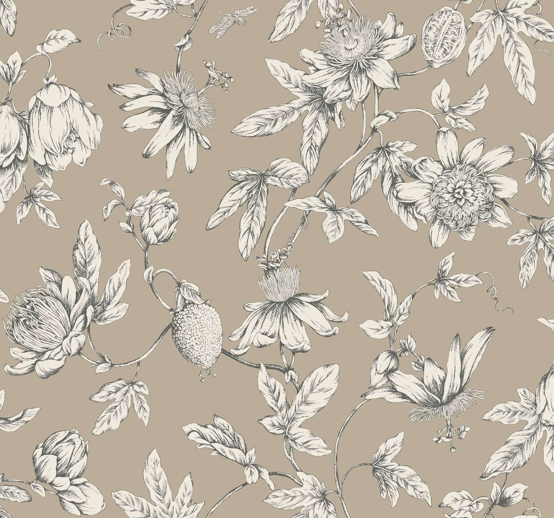 Passion Flower Toile Wallpaper- Linen