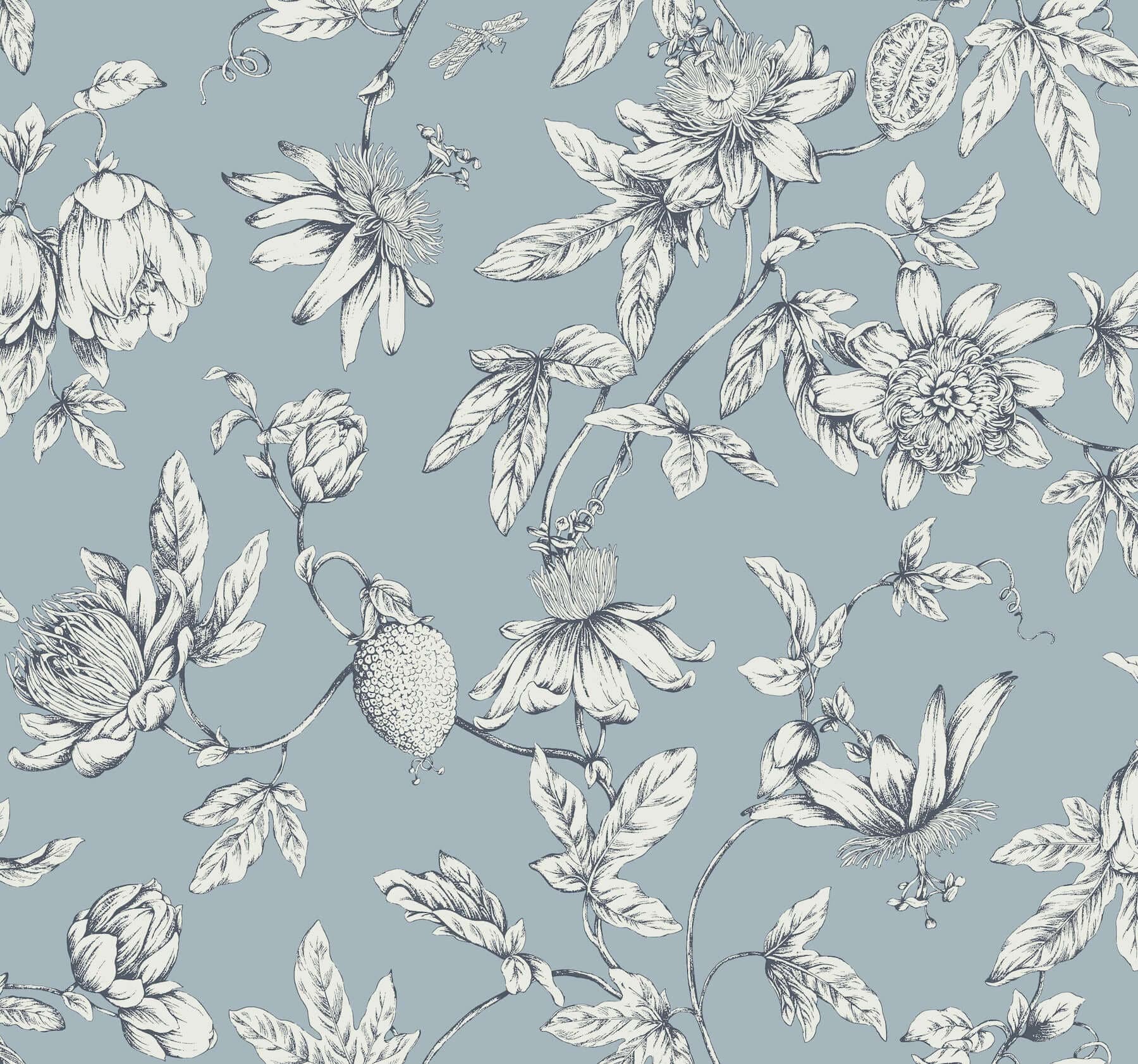 Passion Flower Toile Wallpaper- Sky