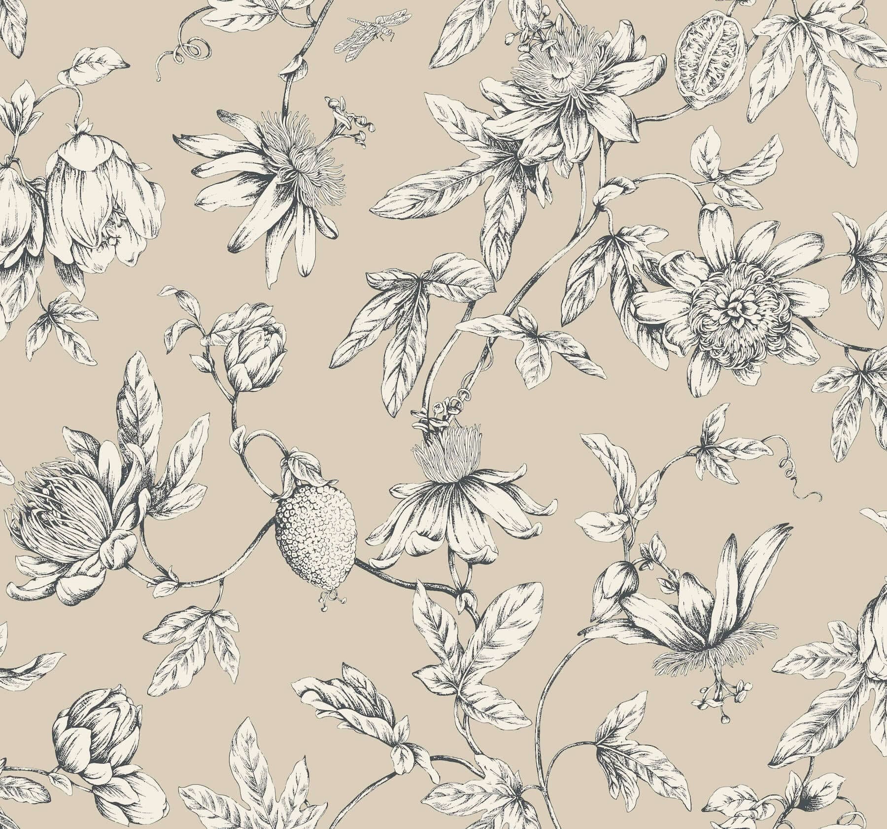 Passion Flower Toile Wallpaper- Beige
