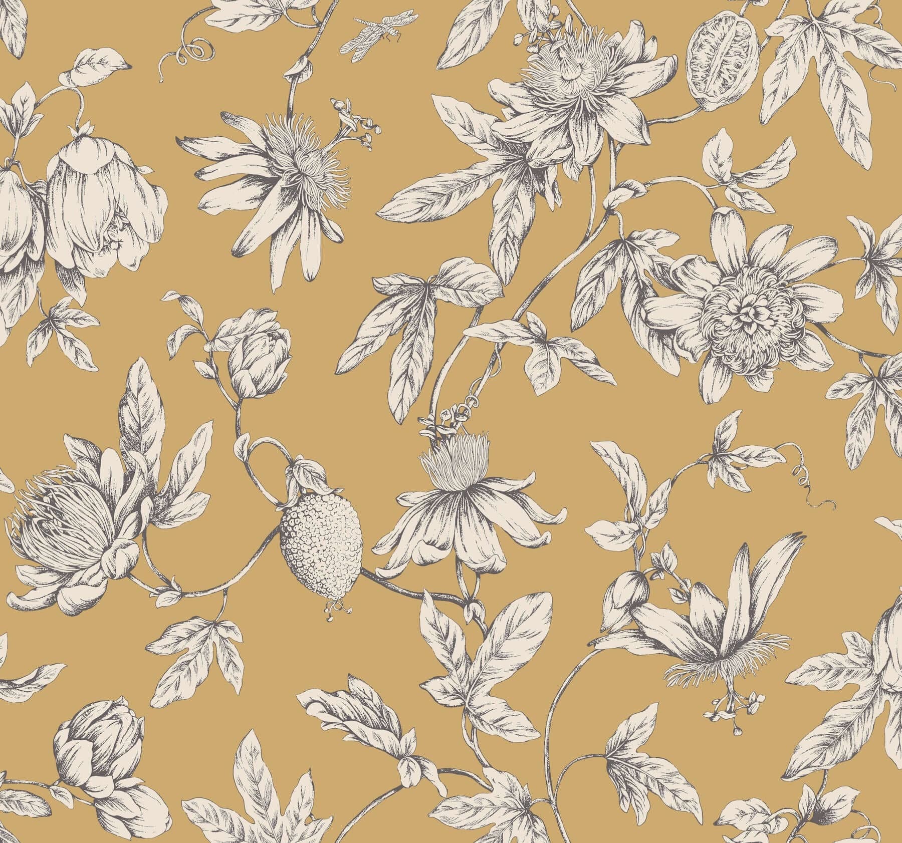 Passion Flower Toile Wallpaper- Harvest
