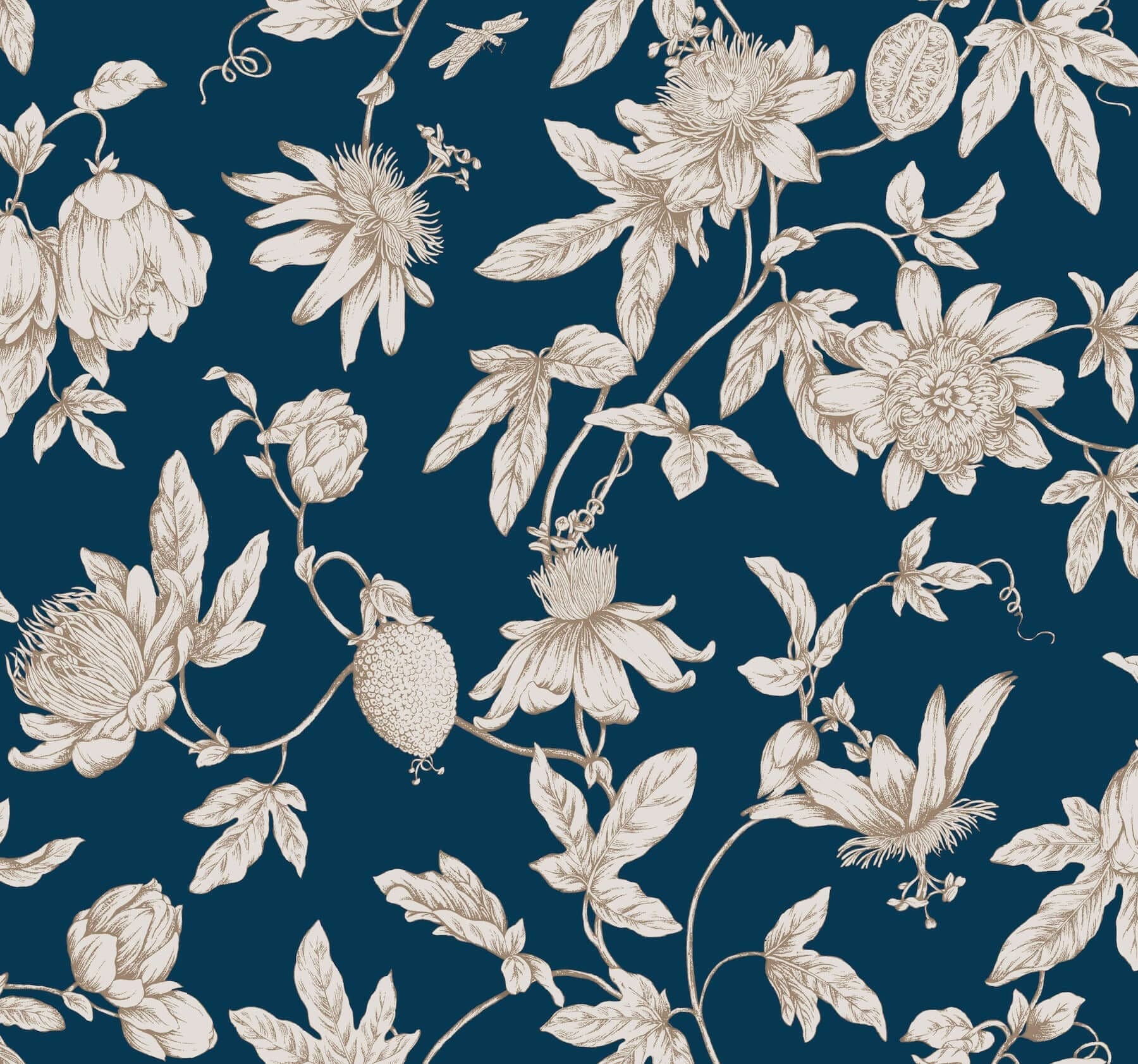 Passion Flower Toile Wallpaper- Navy