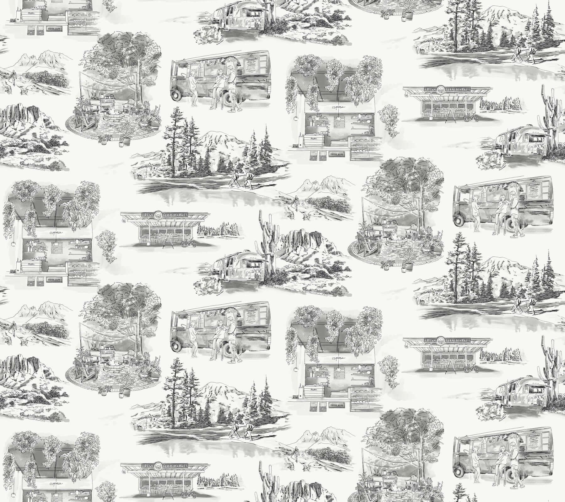 Modern Vista Toile Wallpaper- Black