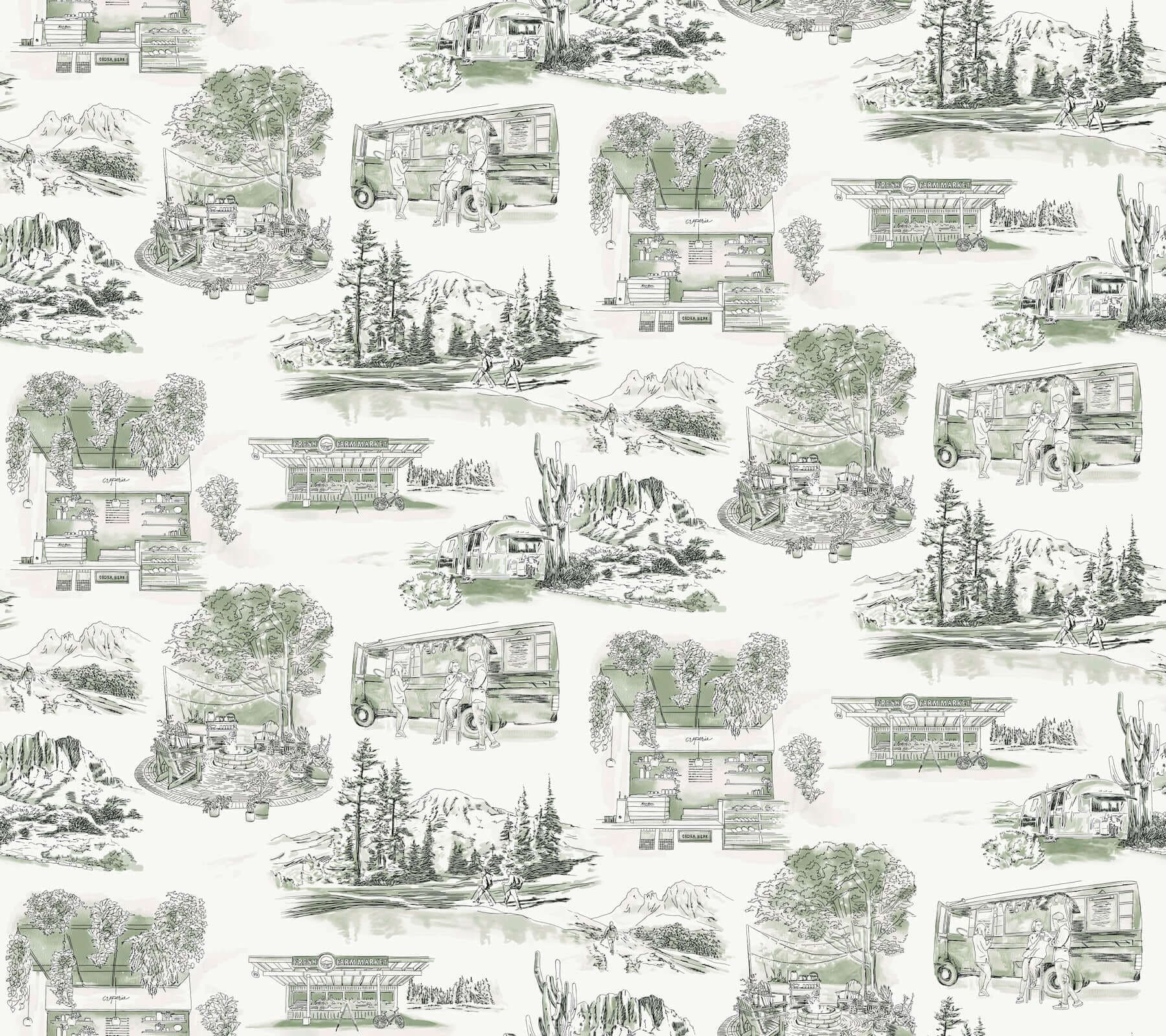 Modern Vista Toile Wallpaper- Evergreen