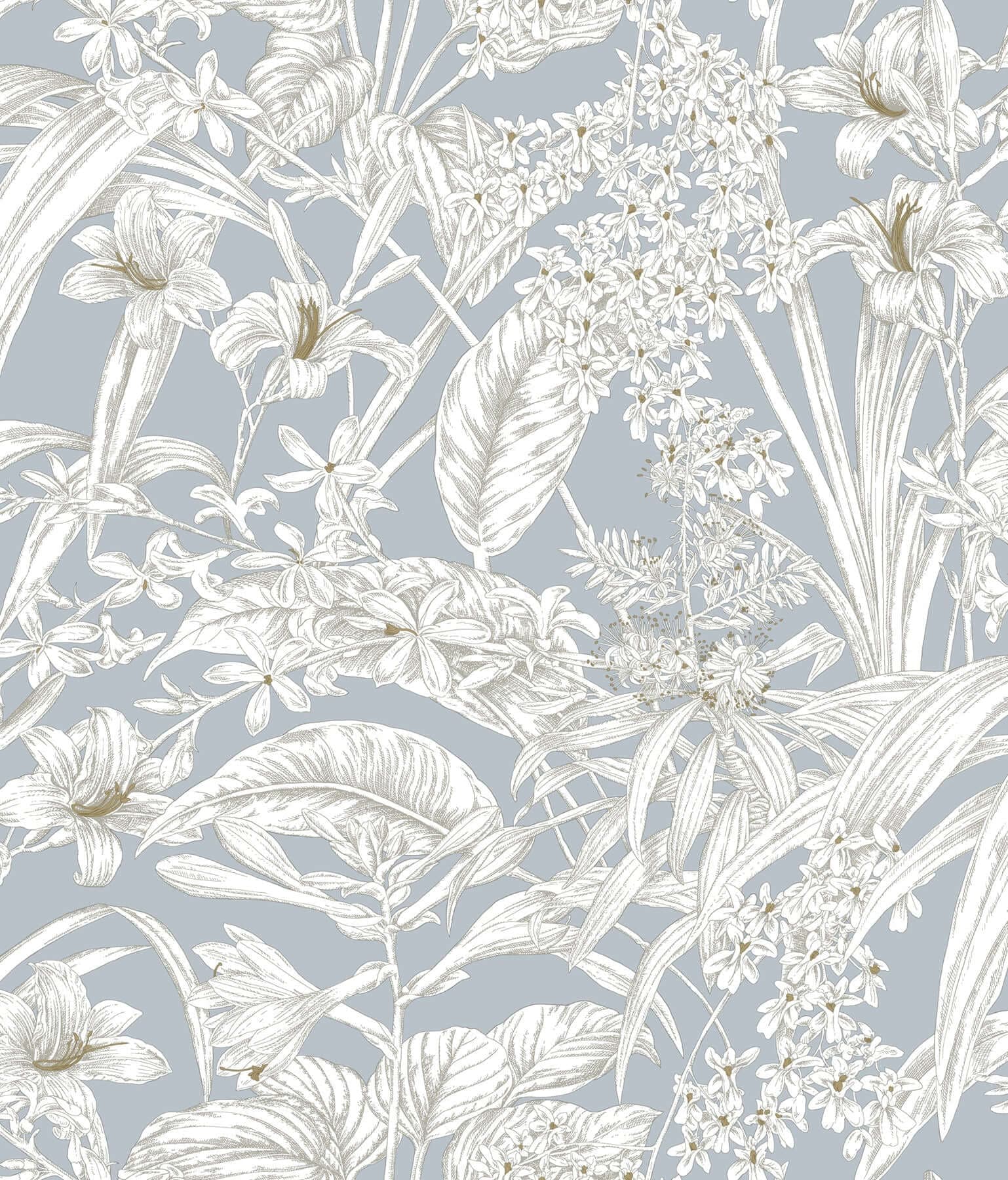 Orchid Conservatory Toile Wallpaper- Blue/Taupe