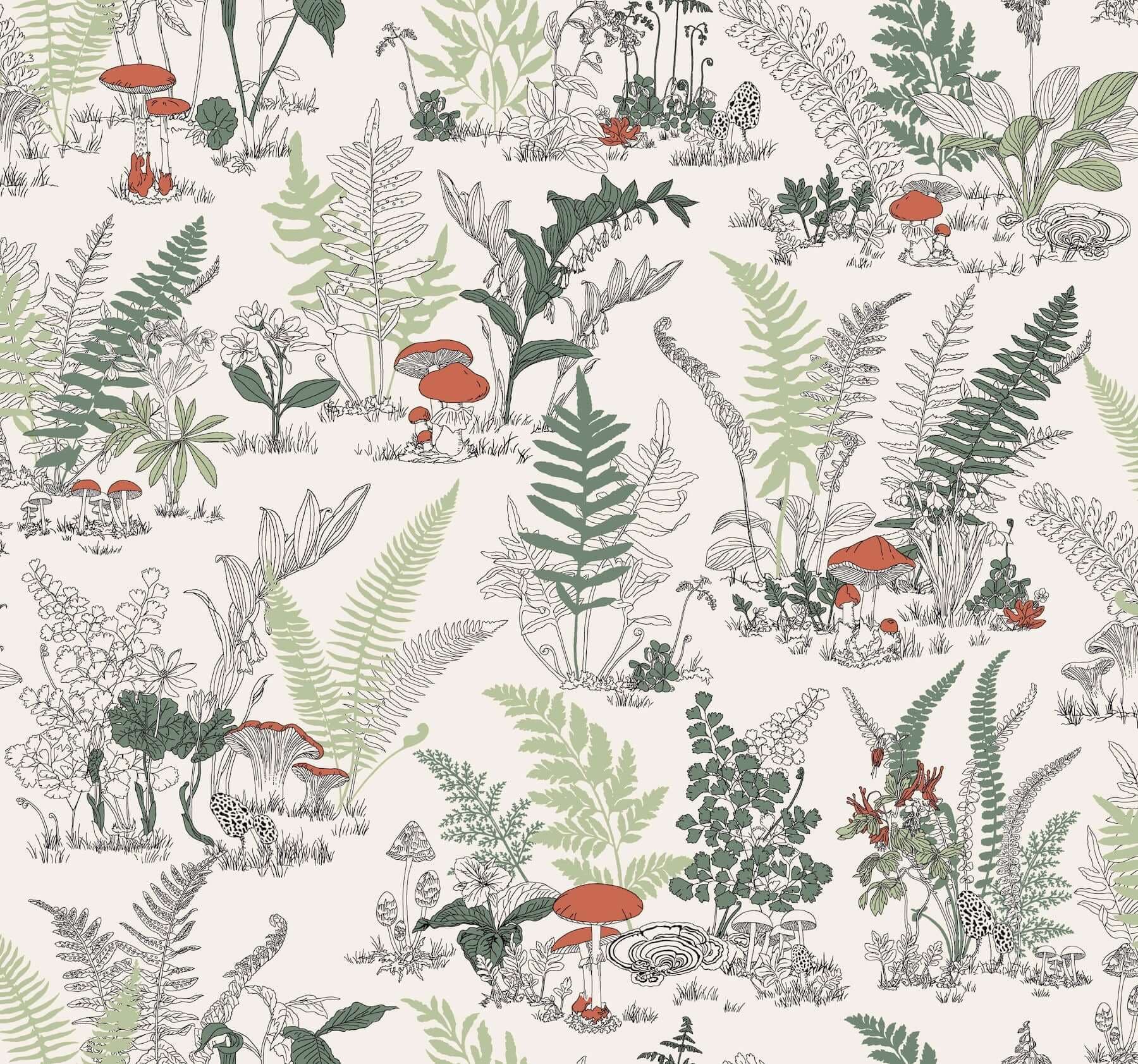 Mushroom Garden Toile Wallpaper- Red/Green