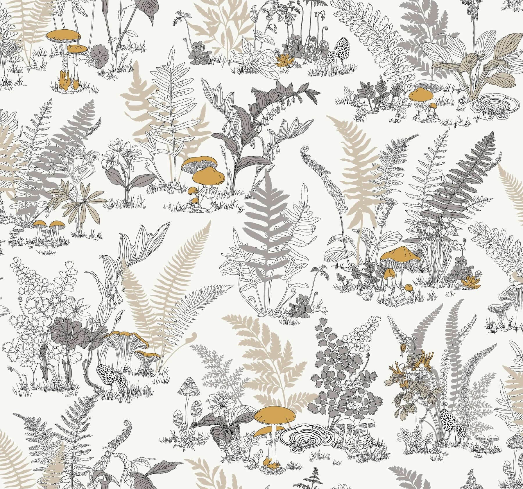 Mushroom Garden Toile Wallpaper- Neutral/Gold