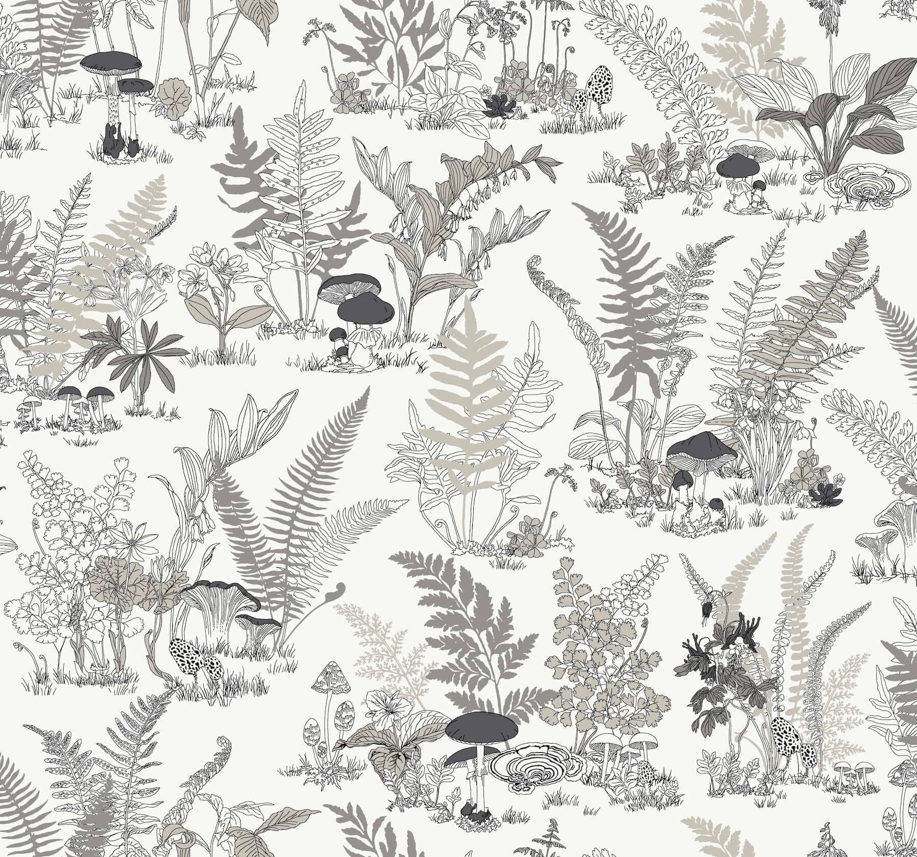 Mushroom Garden Toile Wallpaper- Black/Grey