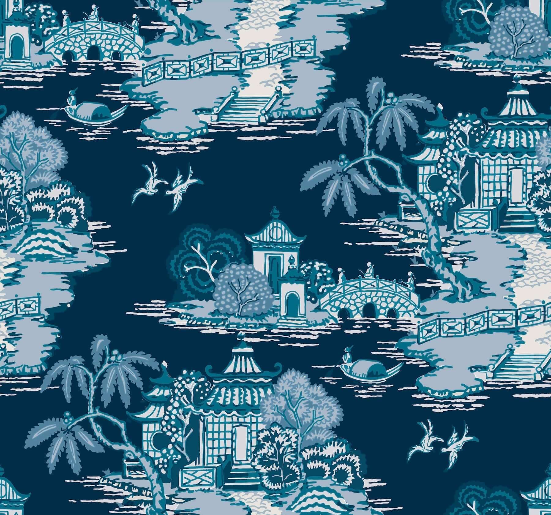 Pagoda and Sampan Scenic Wallpaper- Navy