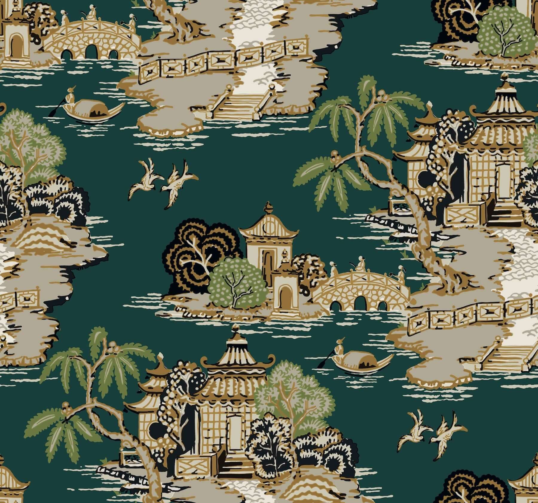 Pagoda and Sampan Scenic Wallpaper- Forest
