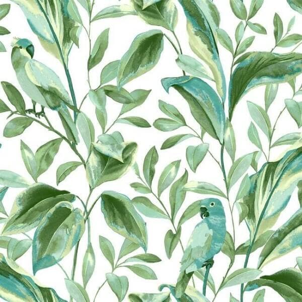 Tropical Love Birds Wallpaper- White/Aqua