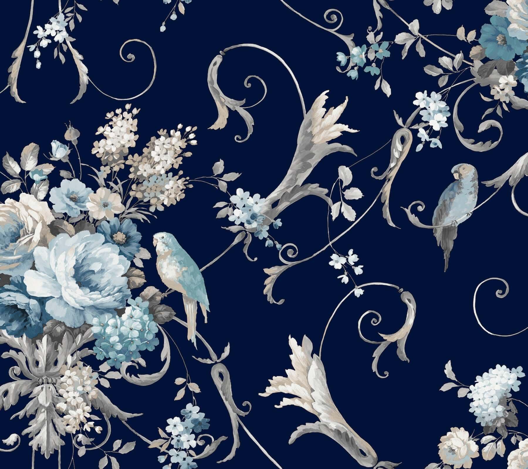 Parrots with Floral Bouquets Premium Peel + Stick Wallpaper- Navy