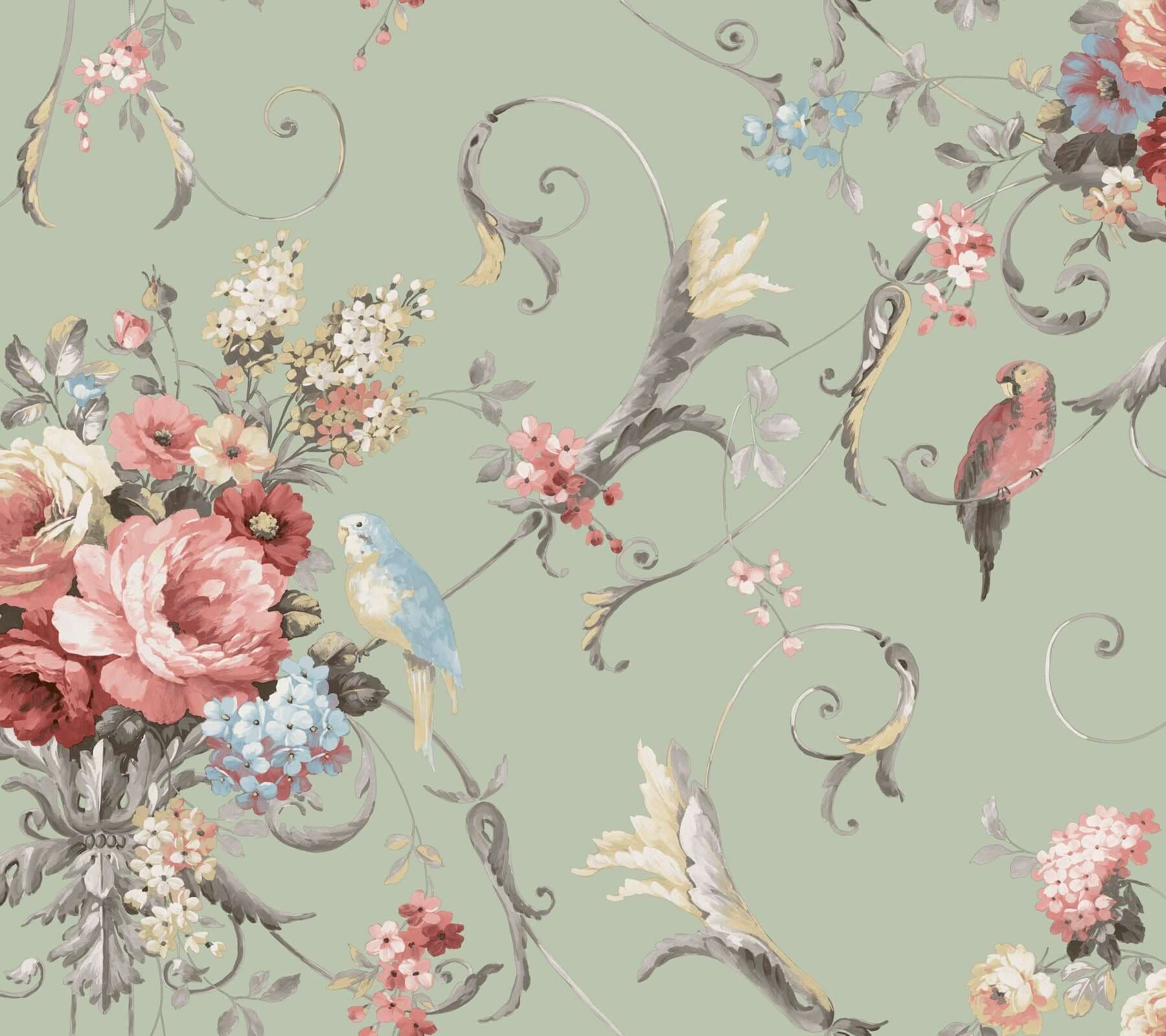 Parrots with Floral Bouquets Premium Peel + Stick Wallpaper- Green