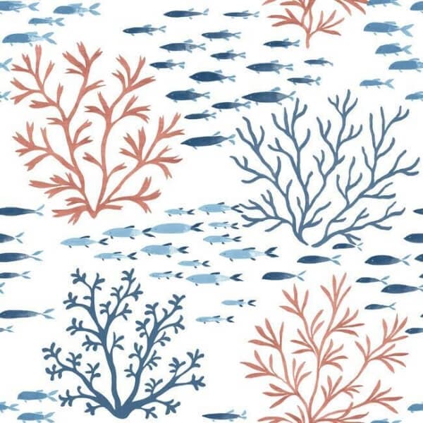 Marine Garden Wallpaper- Coral/Navy