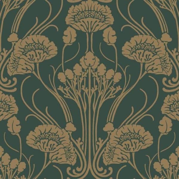 Nouveau Damask Wallpaper- Dark Emerald/Gold
