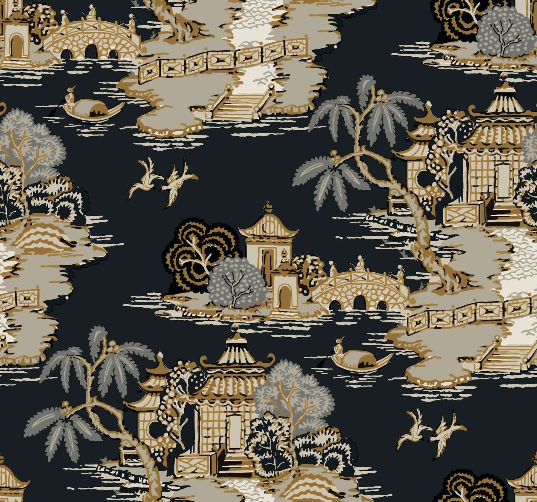 Pagoda and Sampan Scenic Wallpaper- Black
