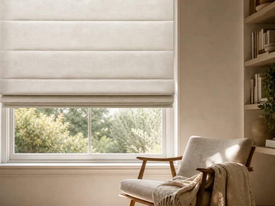 Natural linen Roman shade lifted into broad tailored folds