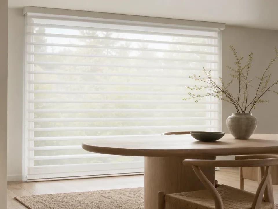 Shangri-La shade with soft fabric vanes suspended between sheer facings
